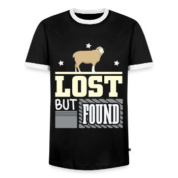 Lost but found Christian Bible verse - Men's Ringer Shirt - black/white - Front - AI Model Female 172 light (172cm) & AI Model Male 178 light (178cm)