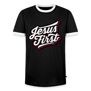Jésus Premier Pray Prier Dieu foi religion - T-shirt contrasté Homme - noir/blanc - Devant - AI Model Female 172 light (172cm) & AI Model Male 178 light (178cm)