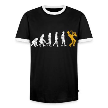 Saxophon Evolution - Männer Kontrast-T-Shirt - Schwarz/Weiß - Vorne - AI Model Female 172 light (172cm) & AI Model Male 178 light (178cm)