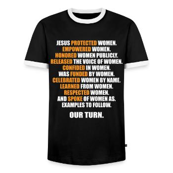 Jésus a protégé les femmes autonomisées Les femmes honorées - T-shirt contrasté Homme - noir/blanc - Devant - AI Model Female 172 light (172cm) & AI Model Male 178 light (178cm)