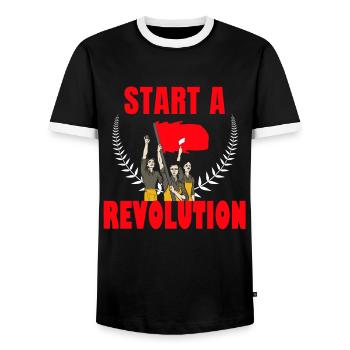 Start a revolution communism - Men's Ringer Shirt - black/white - Front - AI Model Female 172 light (172cm) & AI Model Male 178 light (178cm)