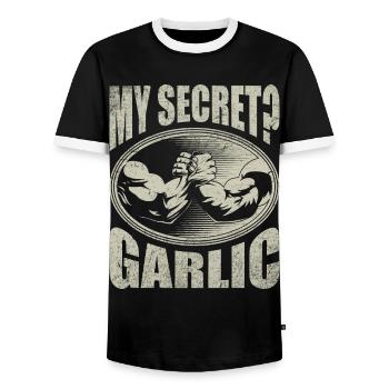 My secret? Garlic arm wrestling armwrestling - Men's Ringer Shirt - black/white - Front - AI Model Female 172 light (172cm) & AI Model Male 178 light (178cm)