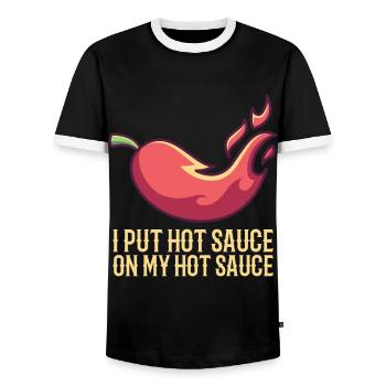 Hot sauce, spicy food chili chili pepper - Men's Ringer Shirt - black/white - Front - AI Model Female 172 light (172cm) & AI Model Male 178 light (178cm)