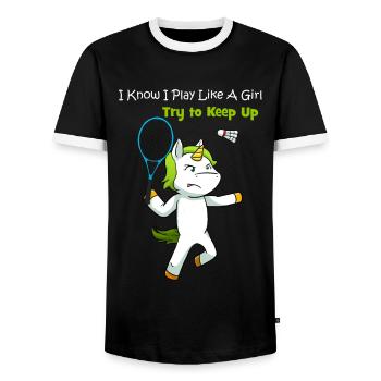 Unicorn Badminton Badmintonspielerin - Männer Kontrast-T-Shirt - Schwarz/Weiß - Vorne - AI Model Female 172 light (172cm) & AI Model Male 178 light (178cm)