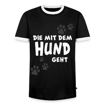 Die mit dem Hund geht Hundemotiv - Männer Kontrast-T-Shirt - Schwarz/Weiß - Vorne - AI Model Female 172 light (172cm) & AI Model Male 178 light (178cm)