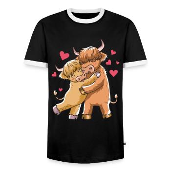 Scottish Highland Beef Highland Cow Gift - Men's Ringer Shirt - black/white - Front - AI Model Female 172 light (172cm) & AI Model Male 178 light (178cm)