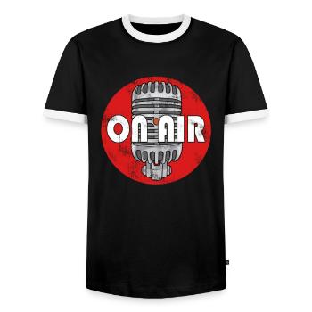 Retro Classic ON AIR Radio Podcast Microphone - Men's Ringer Shirt - black/white - Front - AI Model Female 172 light (172cm) & AI Model Male 178 light (178cm)