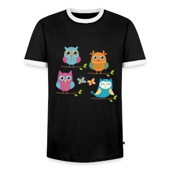 owl - Men's Ringer Shirt - black/white - Front - AI Model Female 172 light (172cm) & AI Model Male 178 light (178cm)
