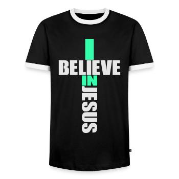 I Believe In Jesus - Religion Cross Christianity - Men's Ringer Shirt - black/white - Front - AI Model Female 172 light (172cm) & AI Model Male 178 light (178cm)