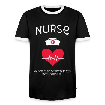 Nurse - My job is to save your ass, not to kiss it - Men's Ringer Shirt - black/white - Front - AI Model Female 172 light (172cm) & AI Model Male 178 light (178cm)