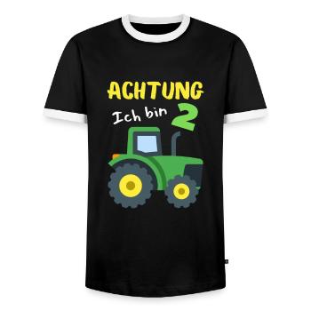 Vorsicht – Ich bin 2 und liebe Traktoren! - Männer Kontrast-T-Shirt - Schwarz/Weiß - Vorne - AI Model Female 172 light (172cm) & AI Model Male 178 light (178cm)