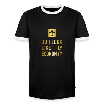 DO I LOOK LIKE I FLY ECONOMY? BUSINESS CLASS FLIGHT - Men's Ringer Shirt - black/white - Front - AI Model Female 172 light (172cm) & AI Model Male 178 light (178cm)