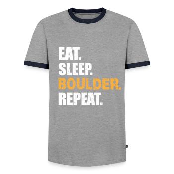 EAT SLEEP BOULDER REPEAT Climbing Climbing Wall - Men's Ringer Shirt - grey/navy  - Front - AI Model Female 172 light (172cm) & AI Model Male 178 light (178cm)