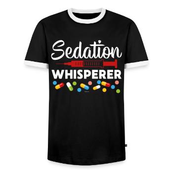 Sedation Whisperer - Men's Ringer Shirt - black/white - Front - AI Model Female 172 light (172cm) & AI Model Male 178 light (178cm)
