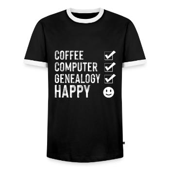 Coffee Computer Genealogy Happy Genealogist - Men's Ringer Shirt - black/white - Front - AI Model Female 172 light (172cm) & AI Model Male 178 light (178cm)