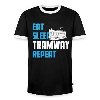 Manger. Dormir. Tramway. Répéter. - T-shirt contrasté Homme - noir/blanc - Devant - AI Model Female 172 light (172cm) & AI Model Male 178 light (178cm)