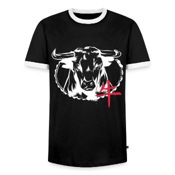 Bull Japanese Damon art face Skull devil T Shirt - Men's Ringer Shirt - black/white - Front - AI Model Female 172 light (172cm) & AI Model Male 178 light (178cm)