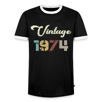 Born 1974 Birthday Gift Vintage 1974 - Men's Ringer Shirt - black/white - Front - AI Model Female 172 light (172cm) & AI Model Male 178 light (178cm)