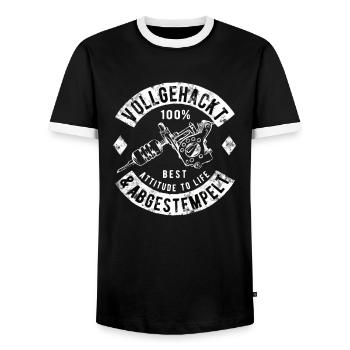 Tattoos Tätowierung Tätowierer Tattoo-Maschine - Männer Kontrast-T-Shirt - Schwarz/Weiß - Vorne - AI Model Female 172 light (172cm) & AI Model Male 178 light (178cm)