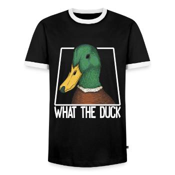 What the Duck Funny Duck WTF Pun Ducks Joke - Men's Ringer Shirt - black/white - Front - AI Model Female 172 light (172cm) & AI Model Male 178 light (178cm)