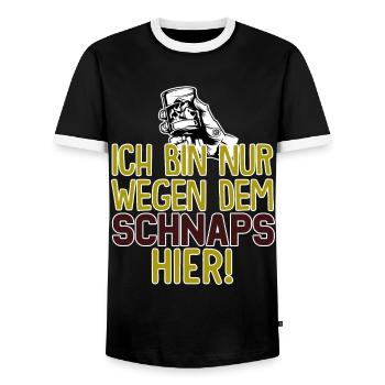 Ich bin nur wegen dem Schnaps hier - Männer Kontrast-T-Shirt - Schwarz/Weiß - Vorne - AI Model Female 172 light (172cm) & AI Model Male 178 light (178cm)