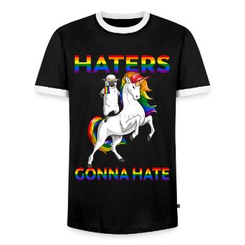 LGBT Gay Pride Sheep Riding Unicorn Haters Gonna - Men's Ringer Shirt - black/white - Front - AI Model Female 172 light (172cm) & AI Model Male 178 light (178cm)