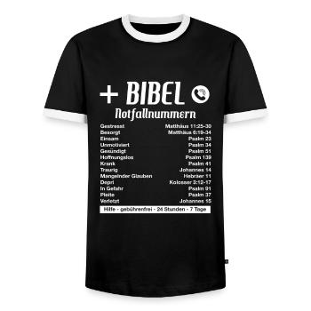 Bible foi religion d'urgence cadeau d'anniversaire - T-shirt contrasté Homme - noir/blanc - Devant - AI Model Female 172 light (172cm) & AI Model Male 178 light (178cm)