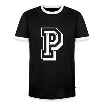 Lettre P en police universitaire de l'Université Uni USA - T-shirt contrasté Homme - noir/blanc - Devant - AI Model Female 172 light (172cm) & AI Model Male 178 light (178cm)