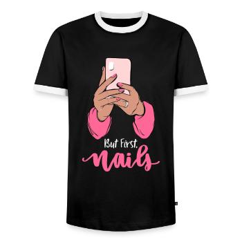But First Nails - Nail Design Manucure Nail Salon - T-shirt contrasté Homme - noir/blanc - Devant - AI Model Female 172 light (172cm) & AI Model Male 178 light (178cm)