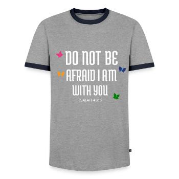 Bible Verses Christian Butterfly Isaiah - Men's Ringer Shirt - grey/navy  - Front - AI Model Female 172 light (172cm) & AI Model Male 178 light (178cm)