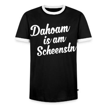 Bayerischer Spruch Dahoam Is Am Scheenstn Lustig - Männer Kontrast-T-Shirt - Schwarz/Weiß - Vorne - AI Model Female 172 light (172cm) & AI Model Male 178 light (178cm)