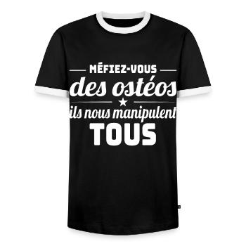 Méfiez-vous des ostéopathes - T-shirt contrasté Homme - noir/blanc - Devant - AI Model Female 172 light (172cm) & AI Model Male 178 light (178cm)