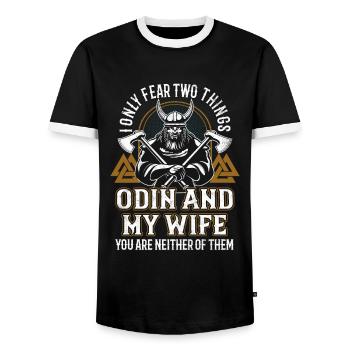 Viking saying Odin Nordmann - Men's Ringer Shirt - black/white - Front - AI Model Female 172 light (172cm) & AI Model Male 178 light (178cm)