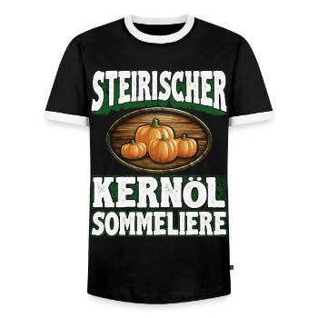 Steirisches Kürbiskernöl für wahre Feinschmecker - Männer Kontrast-T-Shirt - Schwarz/Weiß - Vorne - AI Model Female 172 light (172cm) & AI Model Male 178 light (178cm)
