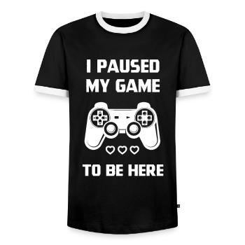 I Paused My Game - Gamer Gift design - Men's Ringer Shirt - black/white - Front - AI Model Female 172 light (172cm) & AI Model Male 178 light (178cm)