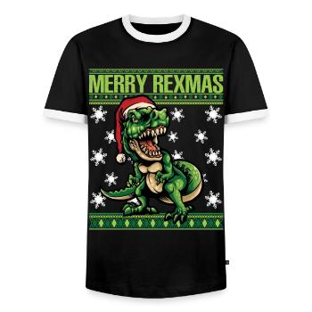 Merry Rexmas - Ugly Christmas Xmas T-Rex Design - Men's Ringer Shirt - black/white - Front - AI Model Female 172 light (172cm) & AI Model Male 178 light (178cm)