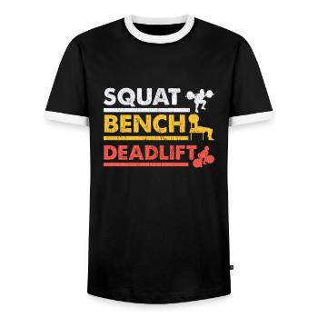 Gym workout strength triathlon bench press - Men's Ringer Shirt - black/white - Front - AI Model Female 172 light (172cm) & AI Model Male 178 light (178cm)