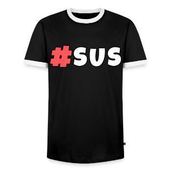 #sus Humor - Men's Ringer Shirt - black/white - Front - AI Model Female 172 light (172cm) & AI Model Male 178 light (178cm)
