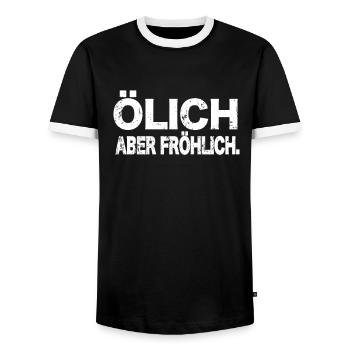 Lustiger Auto Mechniker Spruch Ölich aber Fröhlich - Männer Kontrast-T-Shirt - Schwarz/Weiß - Vorne - AI Model Female 172 light (172cm) & AI Model Male 178 light (178cm)
