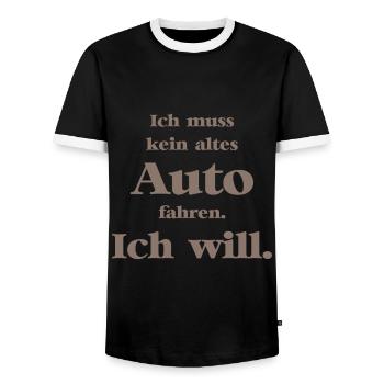 Ich muss kein altes Auto fahren. Ich will! - Männer Kontrast-T-Shirt - Schwarz/Weiß - Vorne - AI Model Female 172 light (172cm) & AI Model Male 178 light (178cm)