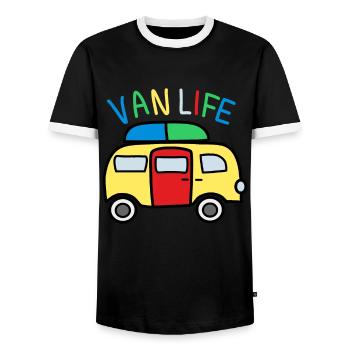 Freiheit und Abenteuer: Camping Leben - Männer Kontrast-T-Shirt - Schwarz/Weiß - Vorne - AI Model Female 172 light (172cm) & AI Model Male 178 light (178cm)