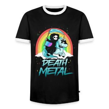 Death Metal Einhorn mit Tod als Reiter Regenbogen - Männer Kontrast-T-Shirt - Schwarz/Weiß - Vorne - AI Model Female 172 light (172cm) & AI Model Male 178 light (178cm)