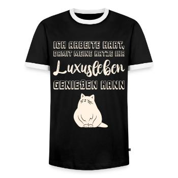 Ich arbeite hart damit meine Katze Luxusleben hat - Männer Kontrast-T-Shirt - Schwarz/Weiß - Vorne - AI Model Female 172 light (172cm) & AI Model Male 178 light (178cm)