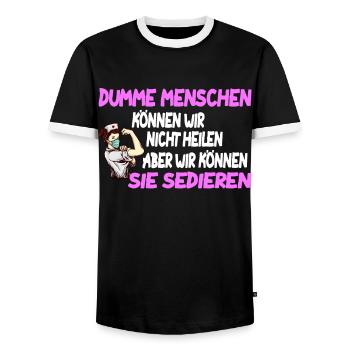 Dumme Menschen können wir nicht heilen, Kasack - Männer Kontrast-T-Shirt - Schwarz/Weiß - Vorne - AI Model Female 172 light (172cm) & AI Model Male 178 light (178cm)