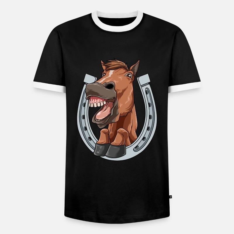 Il cavallo ride e mostra i denti con il ferro di cavallo - Maglietta Contrast da uomo - nero/bianco