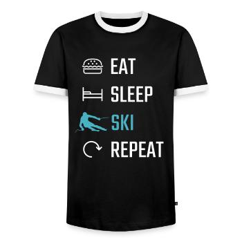 Skiing Eat Sleep Ski Repeat - Men's Ringer Shirt - black/white - Front - AI Model Female 172 light (172cm) & AI Model Male 178 light (178cm)