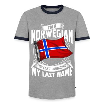 Norway name Viking Fjord Elk Norge Norway - Men's Ringer Shirt - grey/navy  - Front - AI Model Female 172 light (172cm) & AI Model Male 178 light (178cm)