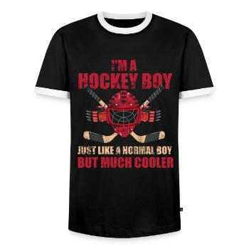 Hockey Boy Hockeypieler Junge - Men's Ringer Shirt - black/white - Front - AI Model Female 172 light (172cm) & AI Model Male 178 light (178cm)