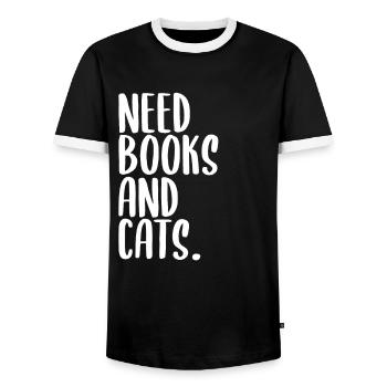 Bücher und Katzen Spruch - Männer Kontrast-T-Shirt - Schwarz/Weiß - Vorne - AI Model Female 172 light (172cm) & AI Model Male 178 light (178cm)