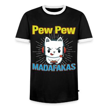 Pew Pew Funny Cat - Männer Kontrast-T-Shirt - Schwarz/Weiß - Vorne - AI Model Female 172 light (172cm) & AI Model Male 178 light (178cm)